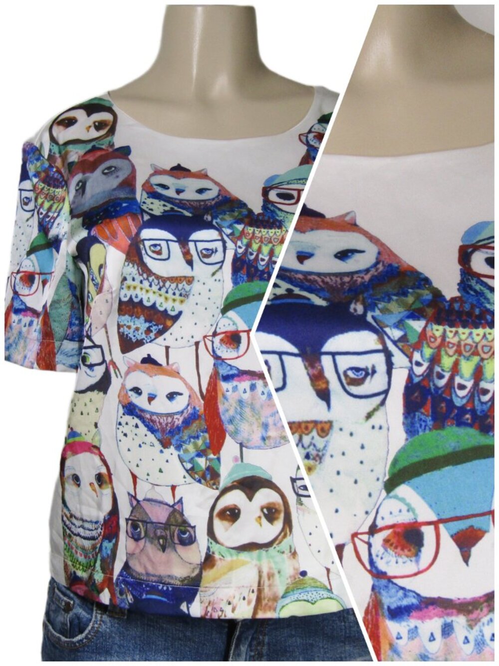 Leonard ST OWL Novelty Whimsical Bird Graphic Top L Kawaii Kitschy Artsy RARE